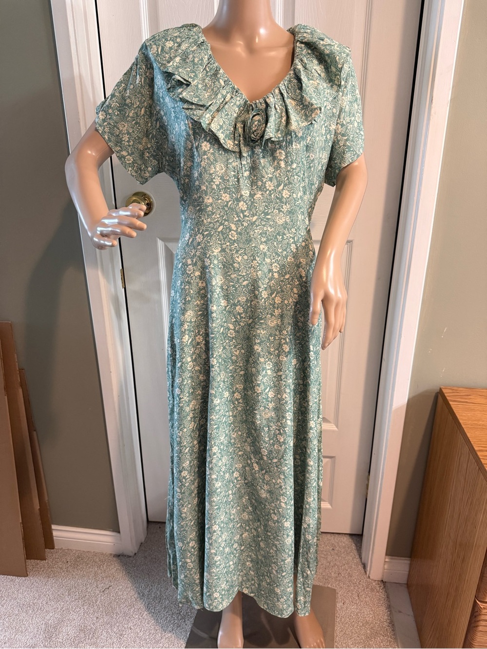 Vintage 90s Floral Dress Size 10 Cottagecore Dainty Collar Green Fairy Tie Back